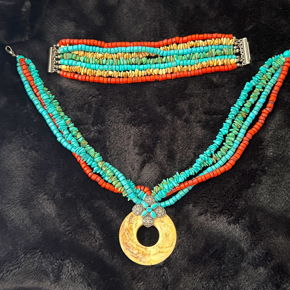 Turquoise & coral inspired choker & bracelet